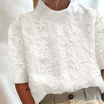 Women's Floral Embroidered Mock Neck Puff Sleeve Blouson Top – Casual Summer Top