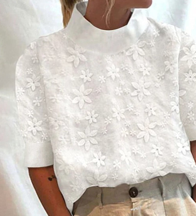 Women's Floral Embroidered Mock Neck Puff Sleeve Blouson Top – Casual Summer Top