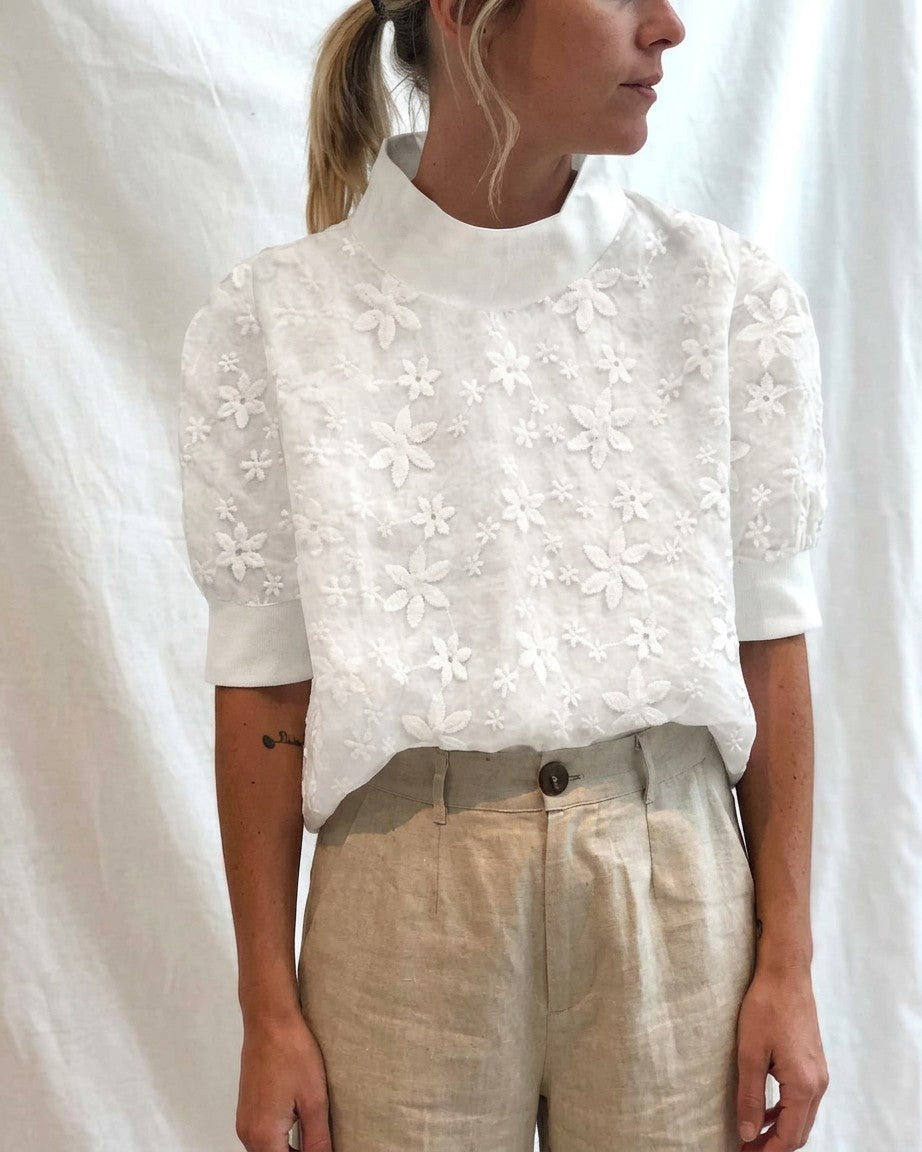 Women's Floral Embroidered Mock Neck Puff Sleeve Blouson Top – Casual Summer Top