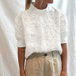 Women's Floral Embroidered Mock Neck Puff Sleeve Blouson Top – Casual Summer Top