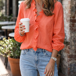 Women's Ruffle V-Neck Blouse with Gathered Cuffs – Casual Spring & Summer Top