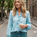 Women's Ruffle V-Neck Blouse with Gathered Cuffs – Casual Spring & Summer Top