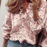 Women's Ruffle V-Neck Blouse with Gathered Cuffs – Casual Spring & Summer Top