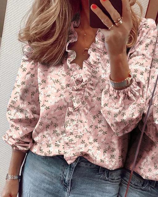 Women's Ruffle V-Neck Blouse with Gathered Cuffs – Casual Spring & Summer Top