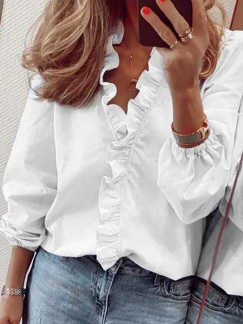 Women's Ruffle V-Neck Blouse with Gathered Cuffs – Casual Spring & Summer Top