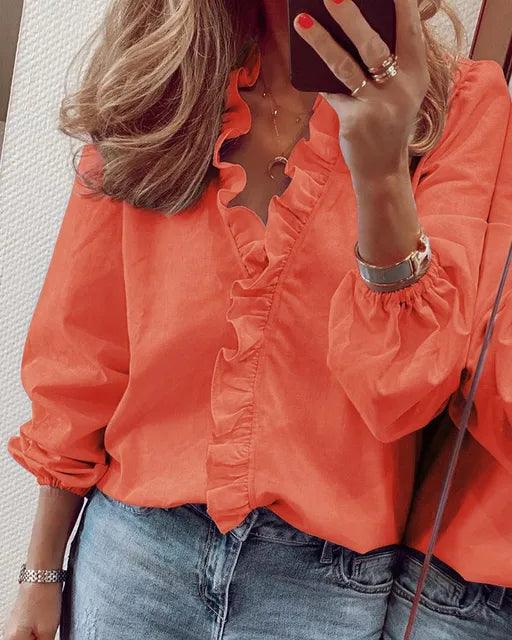 Women's Ruffle V-Neck Blouse with Gathered Cuffs – Casual Spring & Summer Top