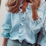 Women's Ruffle V-Neck Blouse with Gathered Cuffs – Casual Spring & Summer Top