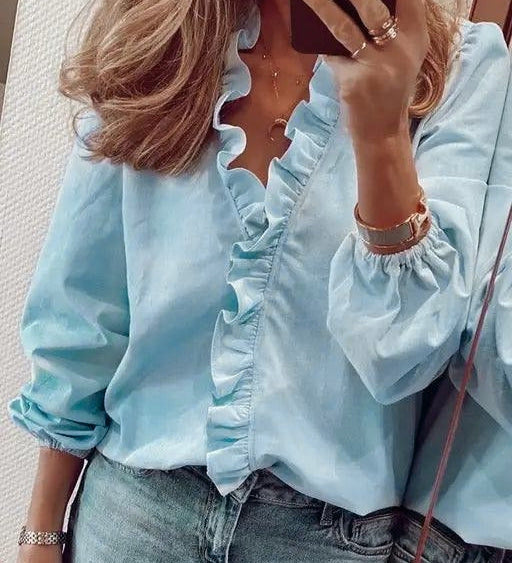 Women's Ruffle V-Neck Blouse with Gathered Cuffs – Casual Spring & Summer Top