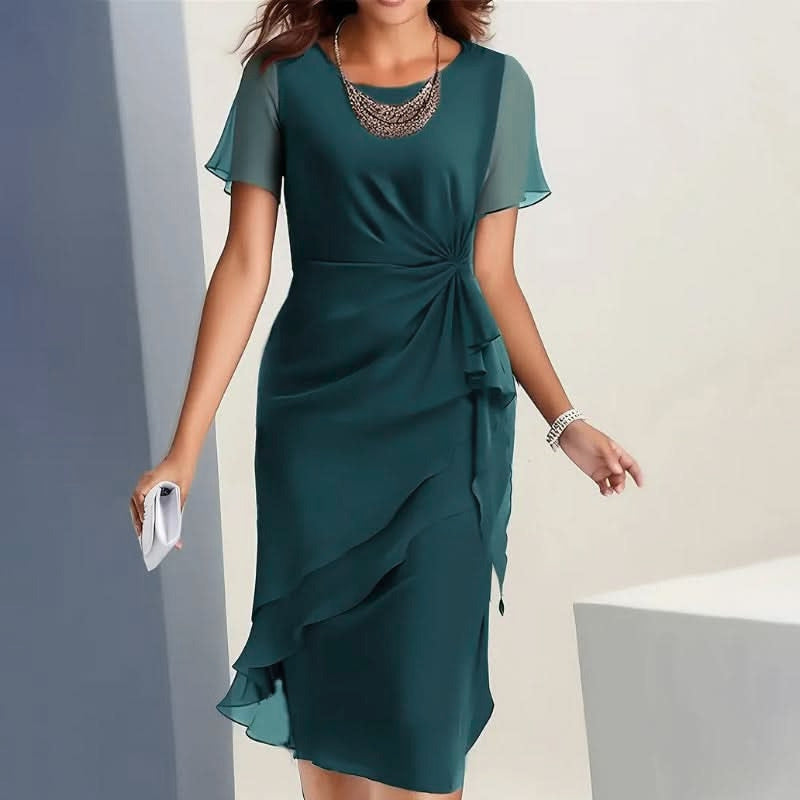 Women's Flutter Sleeve Midi Dress with Ruffle Hem & Waist Knot – Formal Wedding Guest