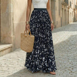 Women's Pleated Floral Print Maxi Skirt with Elastic Waist – Flowing Summer Skirt