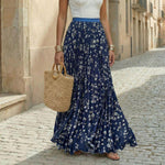 Women's Pleated Floral Print Maxi Skirt with Elastic Waist – Flowing Summer Skirt