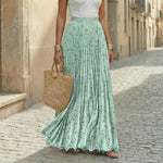 Women's Pleated Floral Print Maxi Skirt with Elastic Waist – Flowing Summer Skirt