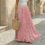 Women's Pleated Floral Print Maxi Skirt with Elastic Waist – Flowing Summer Skirt