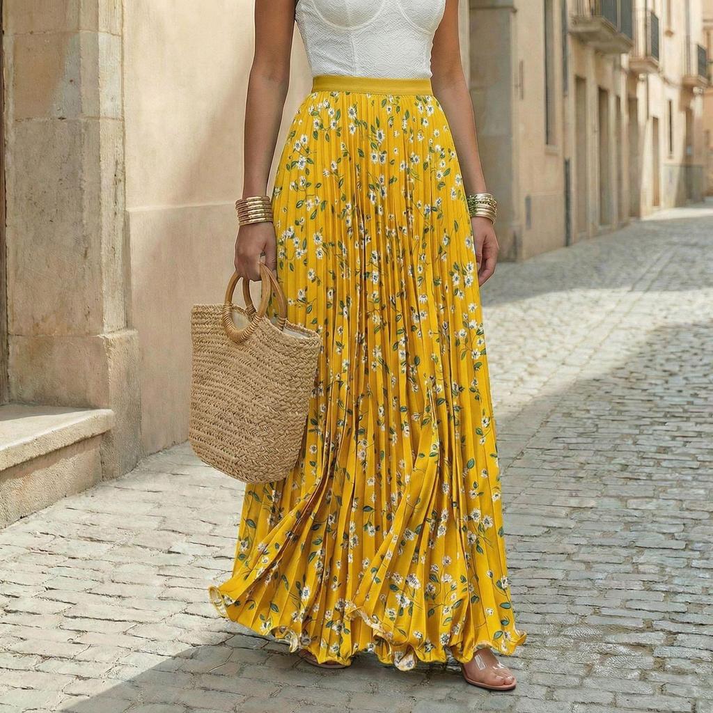 Women's Pleated Floral Print Maxi Skirt with Elastic Waist – Flowing Summer Skirt