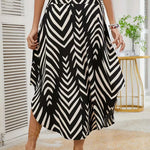 Women's Chevron Print Midi Skirt with High-Low Hem – Elastic Tie Waist Summer Skirt