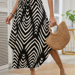 Women's Chevron Print Midi Skirt with High-Low Hem – Elastic Tie Waist Summer Skirt