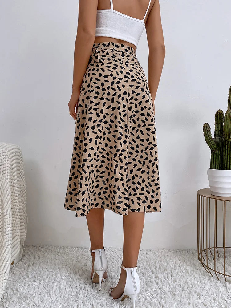 Women's Tie Waist Wrap Midi Skirt with Animal Print and Asymmetric Hem – Summer Brunch