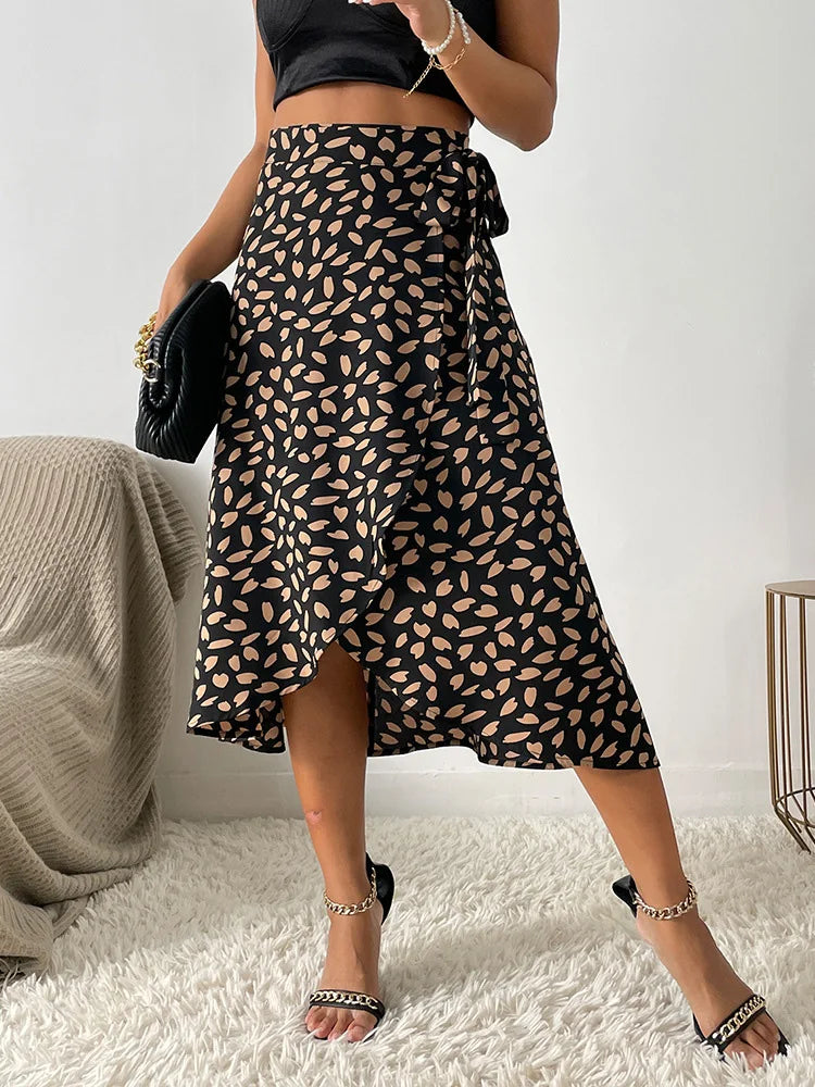 Women's Tie Waist Wrap Midi Skirt with Animal Print and Asymmetric Hem – Summer Brunch