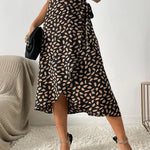 Women's Tie Waist Wrap Midi Skirt with Animal Print and Asymmetric Hem – Summer Brunch