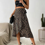 Women's Tie Waist Wrap Midi Skirt with Animal Print and Asymmetric Hem – Summer Brunch
