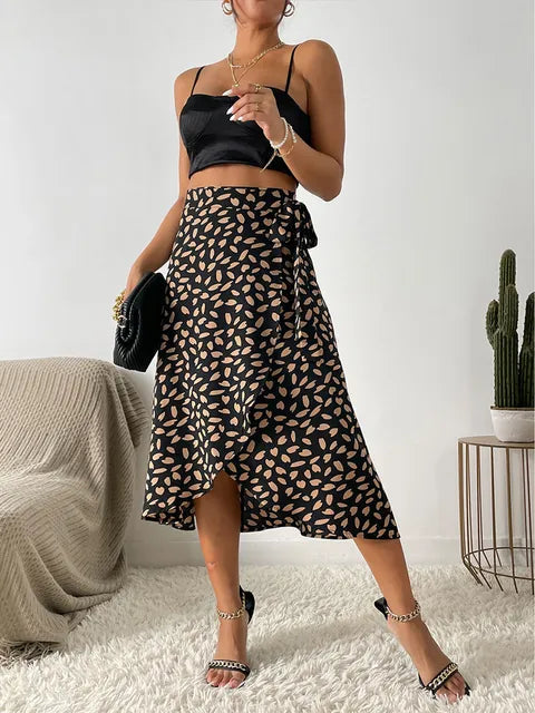 Women's Tie Waist Wrap Midi Skirt with Animal Print and Asymmetric Hem – Summer Brunch