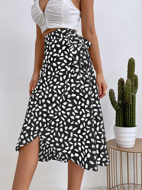 Women's Tie Waist Wrap Midi Skirt with Animal Print and Asymmetric Hem – Summer Brunch