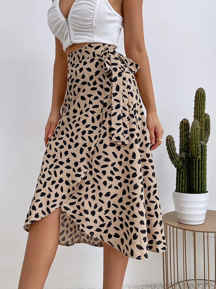 Women's Tie Waist Wrap Midi Skirt with Animal Print and Asymmetric Hem – Summer Brunch