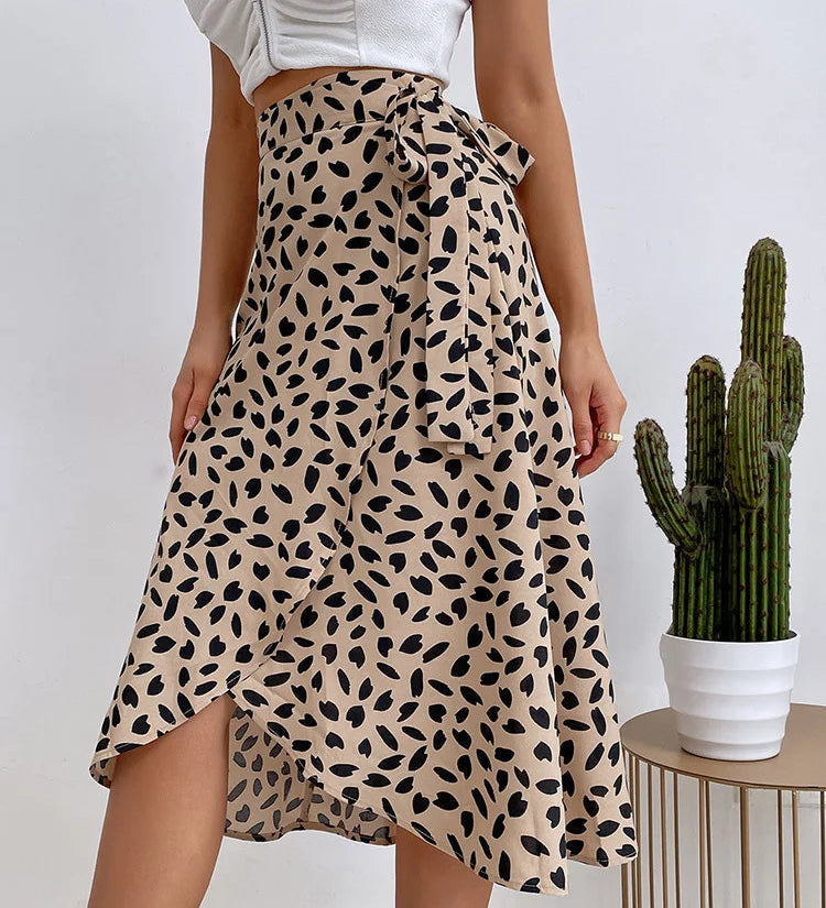 Women's Tie Waist Wrap Midi Skirt with Animal Print and Asymmetric Hem – Summer Brunch