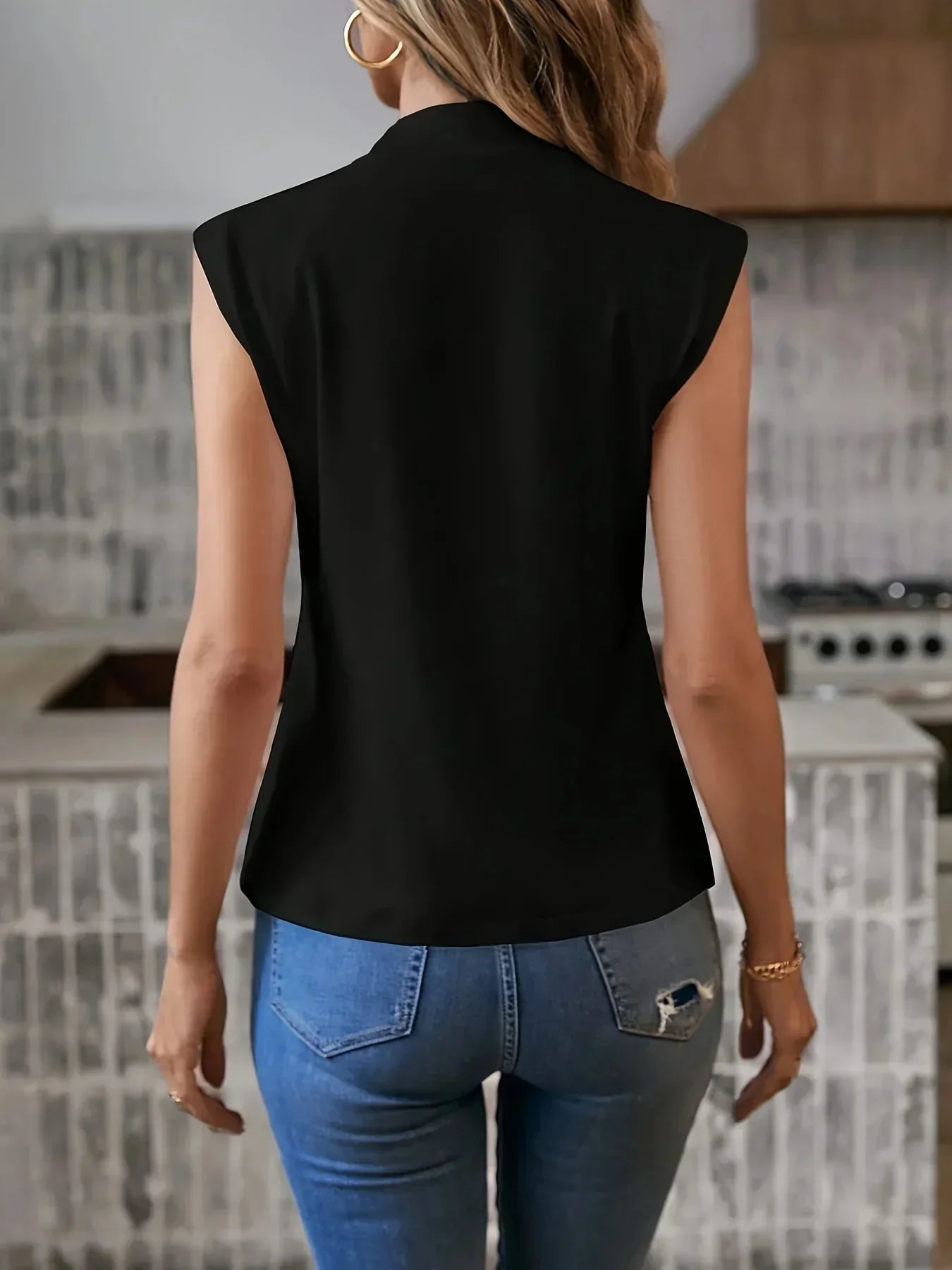 Women's Sleeveless High Neck Blouse with Shoulder Pads – Smart Casual Workwear Top