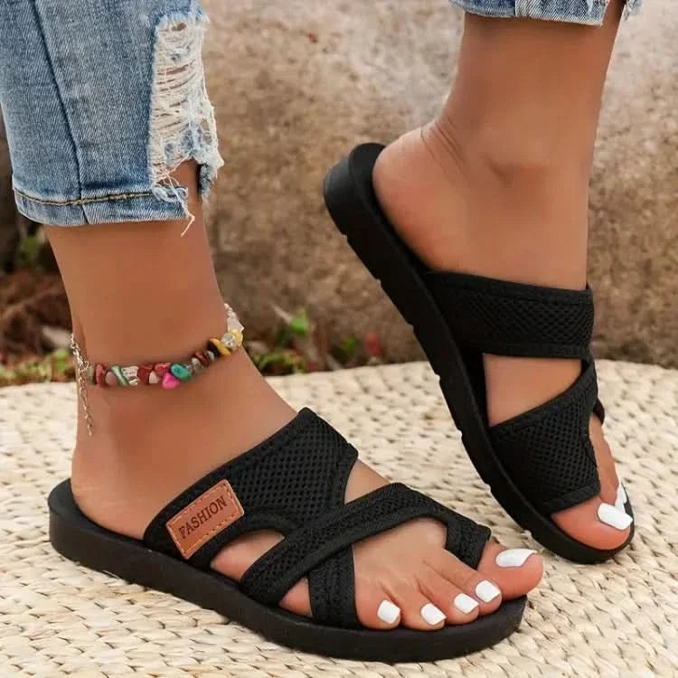 Women's Mesh Strap Toe Post Sandals – Flat Cushioned Slip-On Summer Beach Sandals