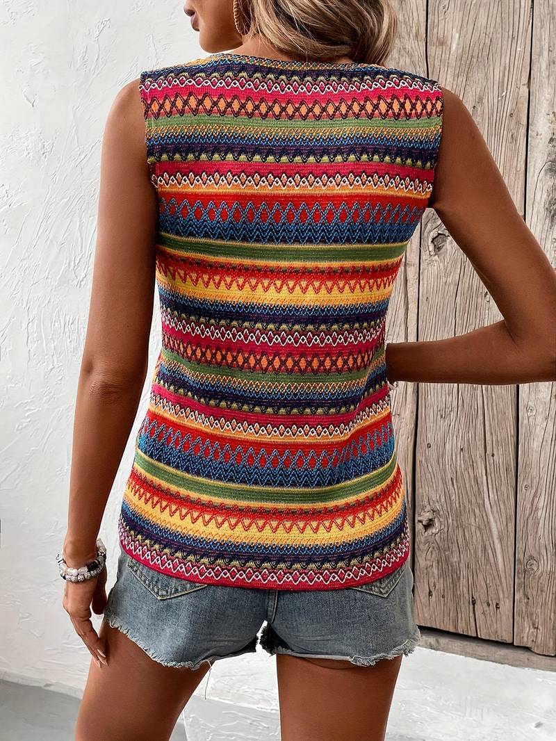 Women's Aztec Print Sleeveless Tank Top – Fitted Crew Neck Boho Summer Top