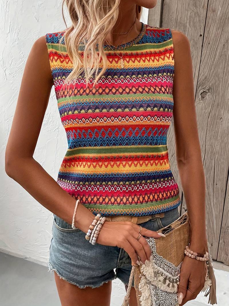 Women's Aztec Print Sleeveless Tank Top – Fitted Crew Neck Boho Summer Top