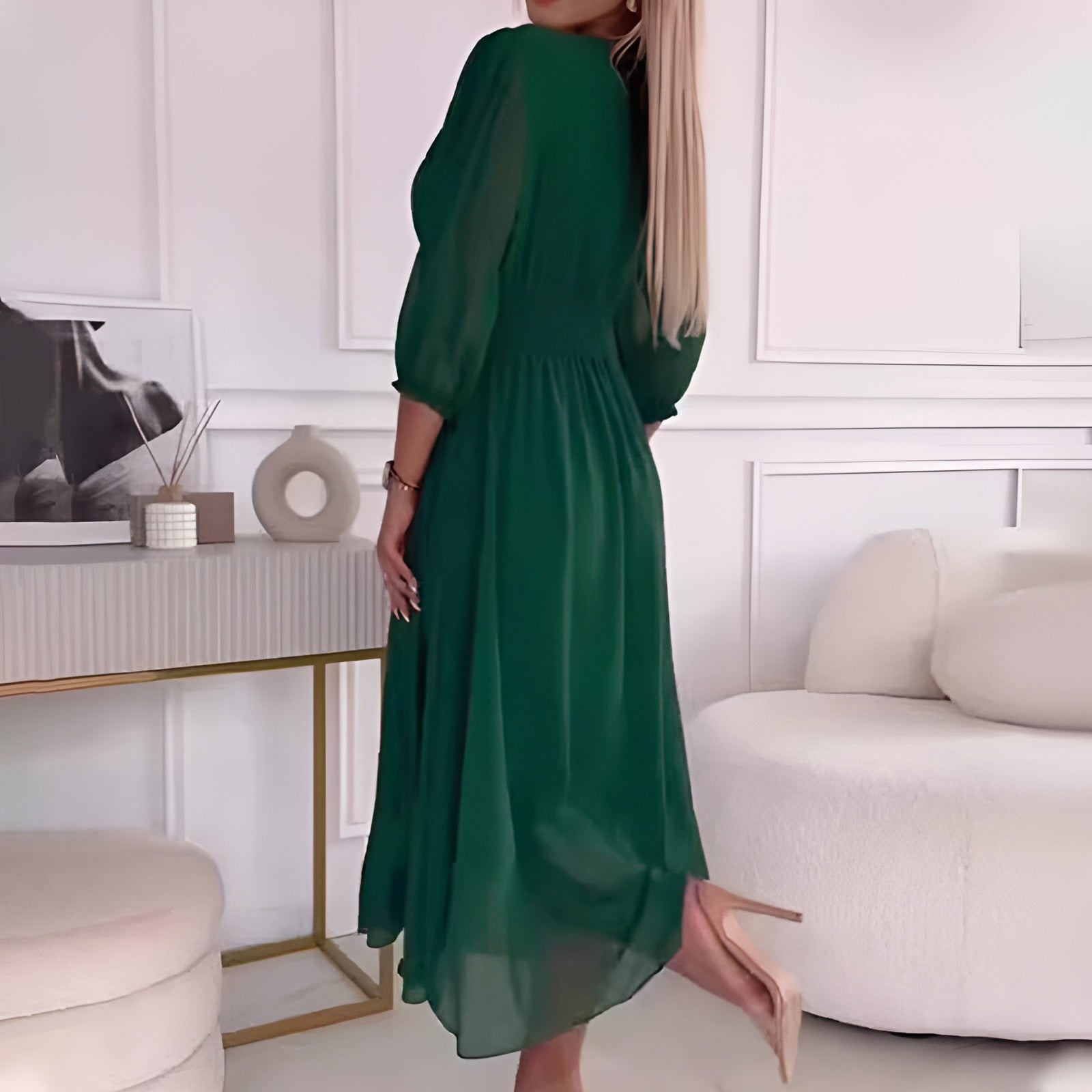 Women's V-Neck Ruched Waist A-Line Maxi Dress with 3/4 Sleeves – Wedding Guest